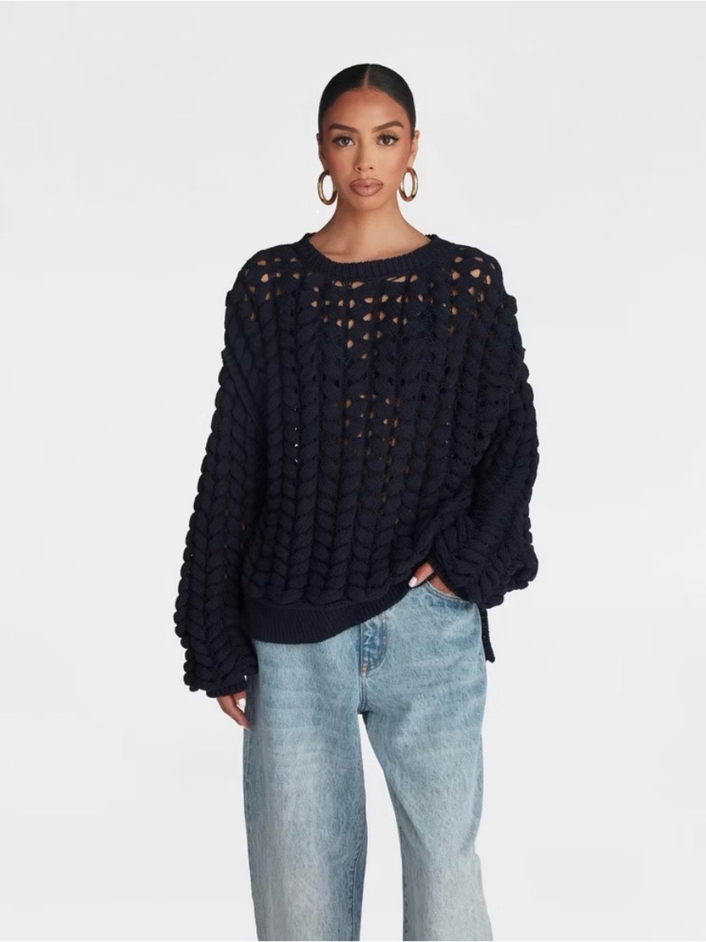 NWT KBB by KAHLANA Women's Pullover Sweater 'The Chunky Knit Crew' Blue XL